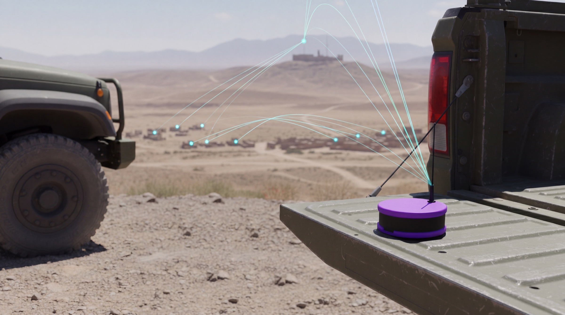 A Raven node on a vehicle tailgate meshing with a village in the valley below