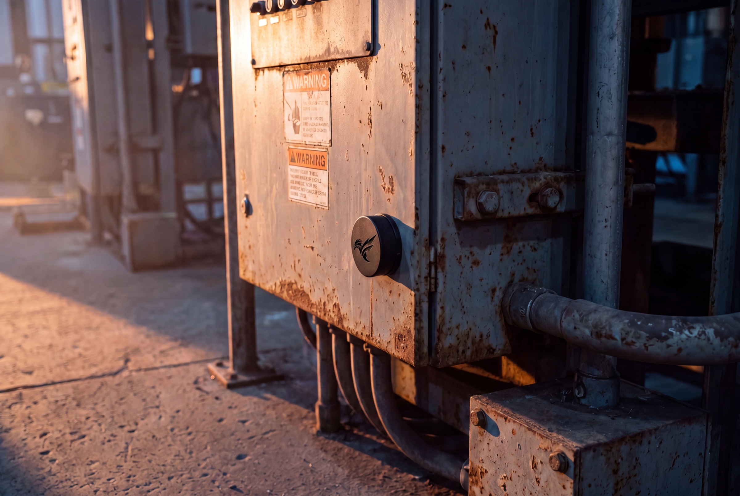 An industrial electrical cabinet at sunset with a Raven device attached